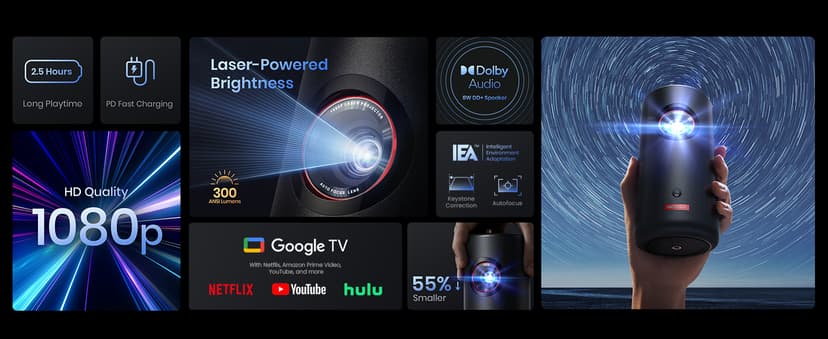 NEBULA Capsule 3 Laser Projector, Upgraded with Google TV and Official Netflix, Mini Smart TV Projector with Wi-Fi, Outdoor Portable Projector, Dolby Digital, 120-Inch Screen, 2.5H Built-In Battery