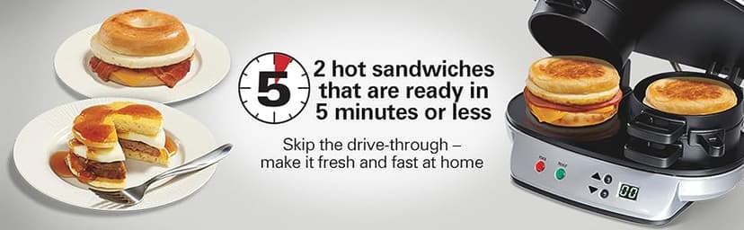 Hamilton Beach Dual Breakfast Sandwich Maker with Timer, Ready in 5 Minutes, Removable Dishwasher Safe PFAS-Free Non-Stick Egg Cooker Ring, Silver (25490MNA)