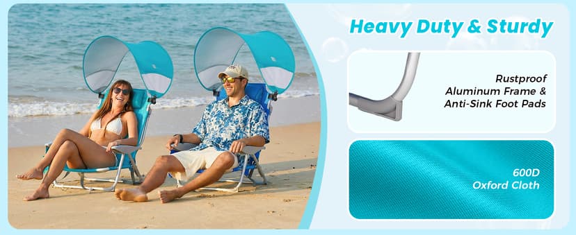 #WEJOY Beach Chair with Canopy Shade, Reclining Adjustable 4 Position, Lay Flat Lightweight Folding Portable Aluminum Chair with Backpack Straps,Padded headrest, Heavy Duty 400lbs Lawn Chair for Beach