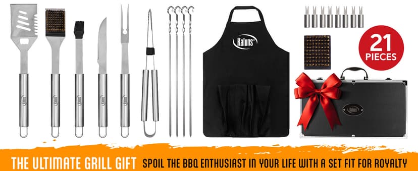 Kaluns Grilling Accessories, Birthday Gifts for Men Grilling Gifts, Heavy Duty Stainless Steel BBQ Grill Tools Set for Outdoor Grill with Aluminum Case and Apron, Husband Dad Gifts for Christmas
