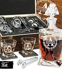 Personalized Whiskey Decanter and Stones Set - Customized Gift for Him - Men, Dad, Father - Engraved Twisted Decanter,2 Twisted Glasses, 2 XL Chilling Balls, Coasters, Tongs in Wooden Gift Box