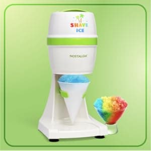 Nostalgia Snow Cone Machine With 1 Reusable Plastic Cup & Dual Ice Molds– Retro Table-Top Shaved Ice Maker with Stainless Steel Blades for Fluffy Ice- Slushie Machine for Fun Gatherings- White & Green