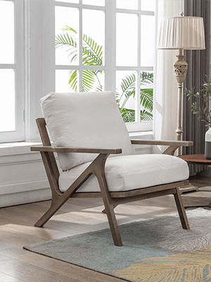 chairus Mid-Century Modern White Linen Accent Chair with Ottoman, Comfy Upholstered Lounge Armchair with Removable Cushions & Solid Wood Frame, Fabric Reading Chair for Living Room Bedroom Office