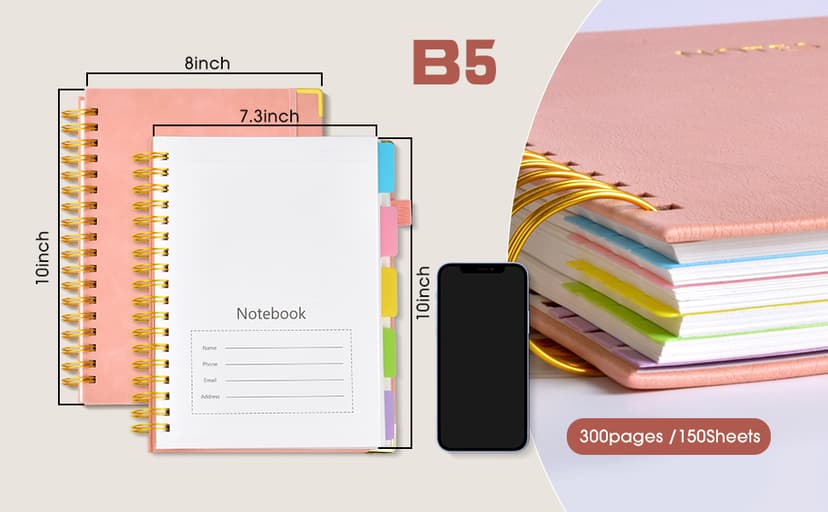 Hardcover Spiral Notebook journal with Removable Dividers Tabs, 300 Pages Leather 5 Subject Notebook College Ruled, 8"x10" Large B5 Notebooks for Work School Note taking, Lined Journal for Women,Pink B0D44Y2NSF