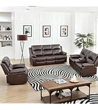 Saxum Tegmen Living Room Furniture Sets, Leather Recliner Sofa, Sectional Sofa Set with Convertible Table & Cup Holders, 3 Pieces Furniture for Living Room/RV/Office (3 Pieces Set, Brown Leather)