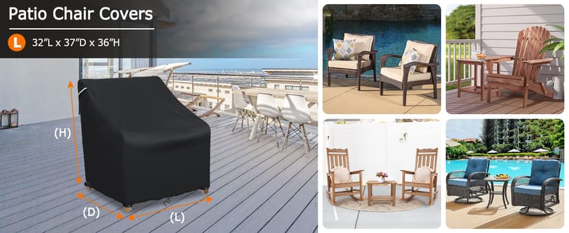 STARTWO Patio Outdoor Chair Covers, Outdoor Furniture Covers Waterproof adapter for Lawn Lounge Seat, Wicker, Swivel, Adirondack, Rocking Chairs, 1 Pack 32"L x 37" W x 36"H inch, Black