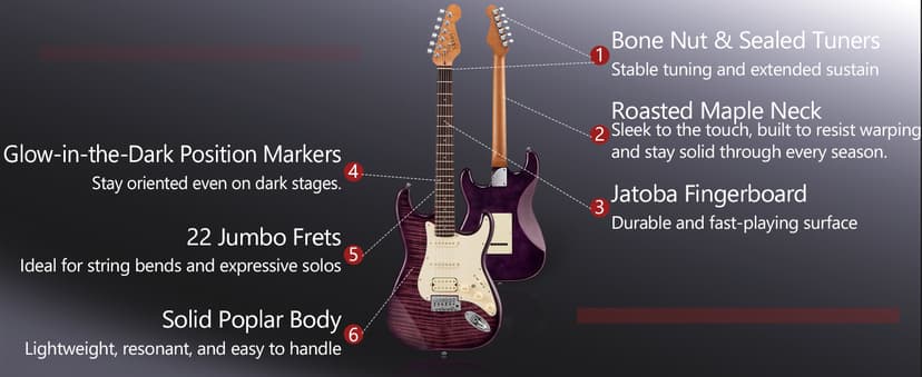 AKLOT Beginner Electric Guitar Kit: 10W Amp, Coil-Split HSS Pickups, Lesson Book, Roasted Maple Neck, Gig Bag, Tuner, Strap, Picks, Stryde Violet Venom