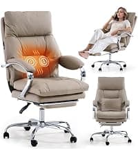 LEAGOO Office Chair with Foot Rest, Ergonomic Executive Office Chair with Arms, Reclining High Back PU Leather Comfy Swivel Computer Desk Chairs with Wheels and Lumbar Support for Home Office, Cream