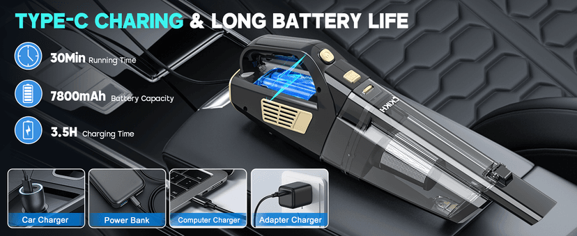 CKIKH Handheld Vacuum Cordless, 15000PA Strong Suction Hand Held Car Vacuum Cleaner Portable with Multi-Nozzles & Washable Filter, Lightweight Dust Busters Rechargeable for Home, Car, Office, Pets