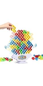 64 Pcs Stacking Tower Game with 22 Cards, Giant Tumble Balance Game for Kids, Family Games for Kids and Adults, Easter Gifts for Teen Boys & Girls, Party Board Game for Kids 6-12 & Adults