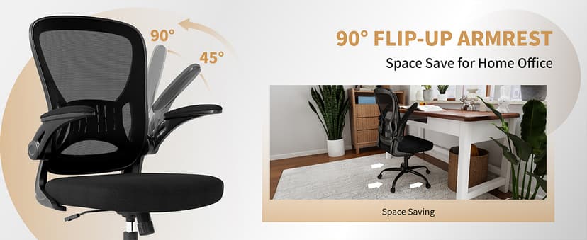 Youhauchair Mesh Office Chair, Ergonomic Home Office Desk Chairs with Flip-up Arms and Lumbar Support, Height Adjustable, Black