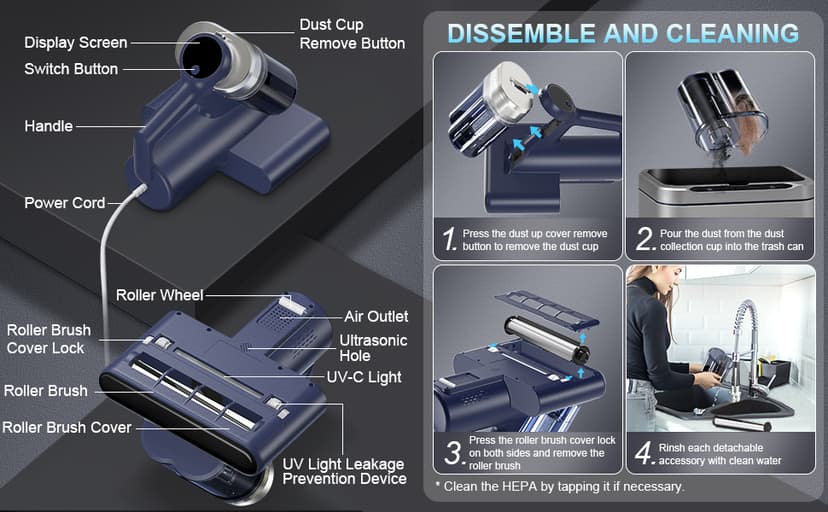 Mattress Vacuum Bed Vacuum Cleaner with 253.7nm UV-C Light, Hyper Helix Motor with 16kPa Strong Suction & 33000 RPM/Min Tapping, HEPA Filter, 149℉ Heat & Ultrasonic & Anion for Bed and Pet