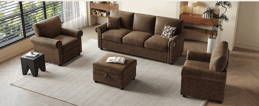 ONBRILL Faux Leather Sofa, 84 Inches Nailhead Trim Couch for Living Room, Mid-Century Modern Deep Seat Sofa with Rolled Arms, Classic 3 Seater Couch for Apartment, Office, Brown