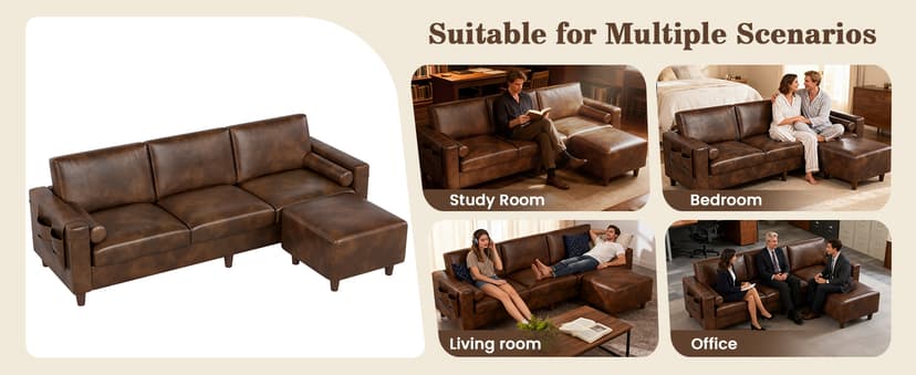 Vesgantti 100" PU Faux Leather Sofa with Movable Ottoman, 3 Seater L Shaped Leather Sectional Couch with Side Pocket, Comfy Mid Century Modern Modular Couch for Living Room, Apartment, Cocoa
