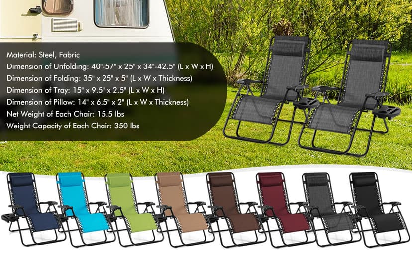 Goplus Zero Gravity Lounge Chairs, 160°Adjustable Folding Recliner w/Pillow and Cup Holder, 350LBS Comfy Outdoor Lounge Chairs for Patio, Lawn, Yard & Camp(1, Black)