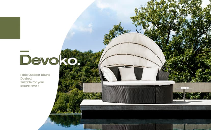 Devoko Patio Furniture Outdoor Round Daybed with Retractable Canopy Wicker Rattan Separated Seating Sectional Sofa for Patio Lawn Garden Backyard Porch