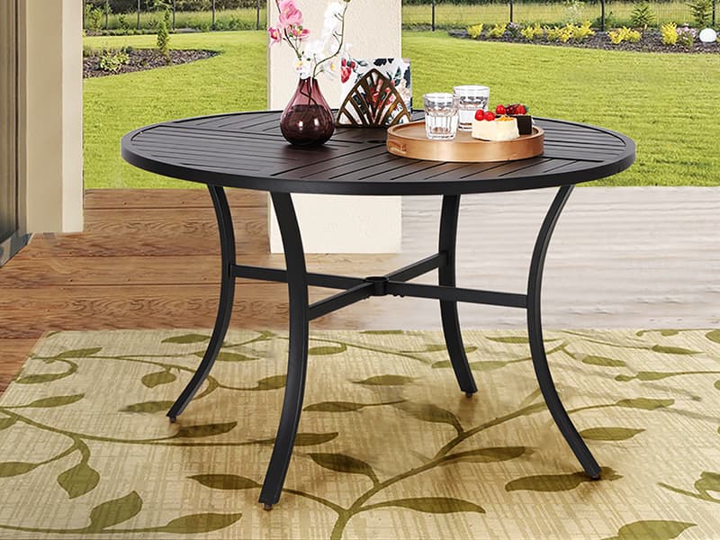 PHI VILLA 5 Pieces Outdoor Dining Set for 4 with Umbrella, 42" Large Round Metal Steel Table & Stackable Iron Chairs with Cushions & 10ft Beige Umbrella, Modern Furniture for Patio, Deck, Yard, Porch