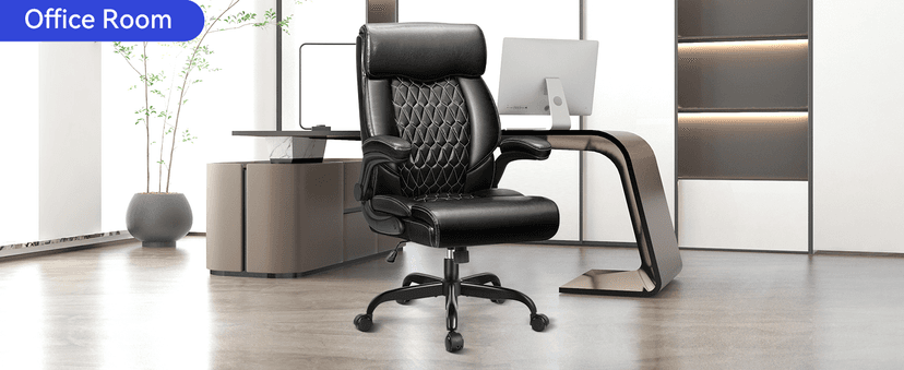 High Back Executive Office Chair - Ergonomic Computer Desk with Rocking Function, Leather Managerial with Adjustable Flip-Up Armrests and Lumbar Support