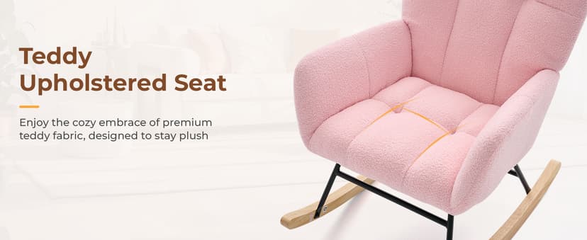 DUMOS Nursery Rocking Chair Teddy Upholstered, Comfy Glider Rocker with High Backrest Armchair Padded Seat, Accent Side Chair for Living Room Bedroom Offices Small Spaces Indoor, Pink