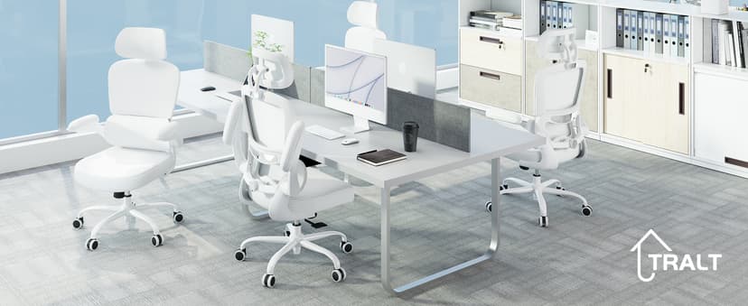 TRALT Ergonomic Office Chair - Desk Chair with Adjustable Headrest Lumbar Support Computer Chair - Mesh Comfy Chair with Flip-up Armrests - Gaming Chairs for Adults Home Office (Leather, White)
