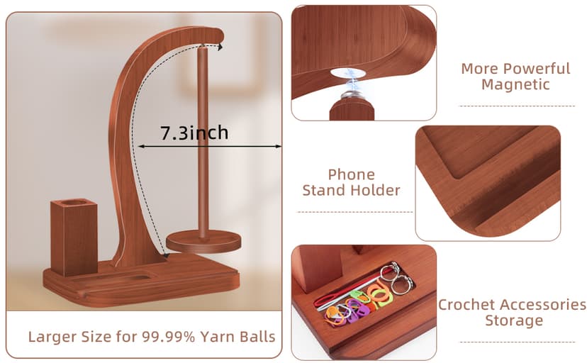 Upgraded Yarn Holder for Crocheting,Wooden Crochet Yarn Holder Magnetic Rotation Yarn Spinner with Crochet Accessories Storage and Phone Stand,Yarn Ball Holder Crochet Gift for Knitting Lovers