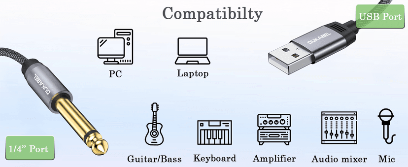 DUKABEL USB Guitar Cable, USB-A to 1/4 TS Cord for Guitar Recording, 8Feet/2.4Meter Instrument Mono Cord for Bass, Mixer, PC, Laptop(Donot Work with RockSmith)