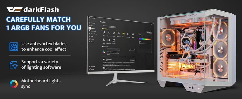 darkFlash Full-Tower ATX Gaming PC Case, Back Plug-in Motherboard, Vertical GPU Mounting, Dual-Chamber, Panoramic Glass, Up to 2 x 360mm Radiators, RTX 40 Compatible(DY470) (1 PWM ARGB Fans, White)