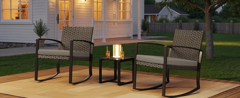 3 Pieces Outdoor Patio Furniture Set Rocking Bistro Set Outdoor Rattan Conversation with Coffee Table for Garden Balcony Backyard Poolside (Grey Cushion)