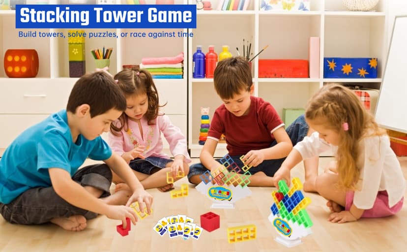 64 Pcs Stacking Tower Game with 22 Cards, Giant Tumble Balance Game for Kids, Family Games for Kids and Adults, Easter Gifts for Teen Boys & Girls, Party Board Game for Kids 6-12 & Adults