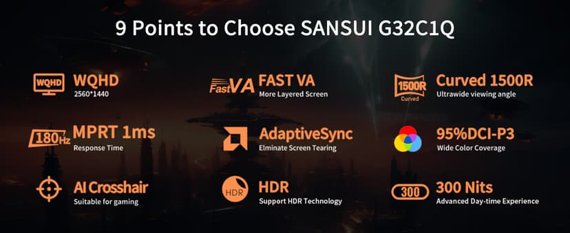 SANSUI 32-Inch Curved Gaming Monitor WQHD 2560 x 1440 180Hz Curved 1500R -Fast VA,1ms(OD), HDR, 300nits, sRGB 125%, DCI-P3 95%, FreeSync, HDMI x2, DP1.4x2(DP Cable Included)