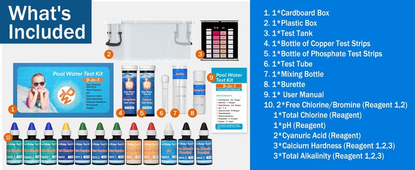9 Way Pool Test Kit - Hot Tub and Spa Water Chemical Test Kit for pH & Total Chlorine & Free Chlorine & Bromine & Total Alkalinity & Calcium Hardness & Cyanuric Acid & Copper & Phosphate