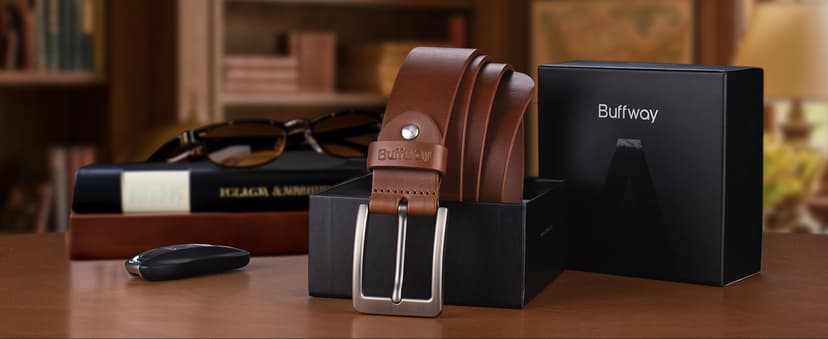 Buffway Men’s Full Grain Leather Belt – Solid One-Piece Leather, 1.5” Wide for Jeans & Business Casual, Gift Box Included