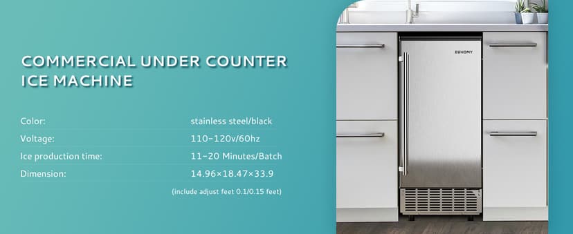 EUHOMY 15" W Commercial Under Counter Ice Maker Machine, 90 Lb/Day Auto-Cleaning & 24H Timer, Gravity Drainage,Stainless Steel Built-in Freestanding Ice Maker, 24 Lb Bin, Ideal for Commercial & Home