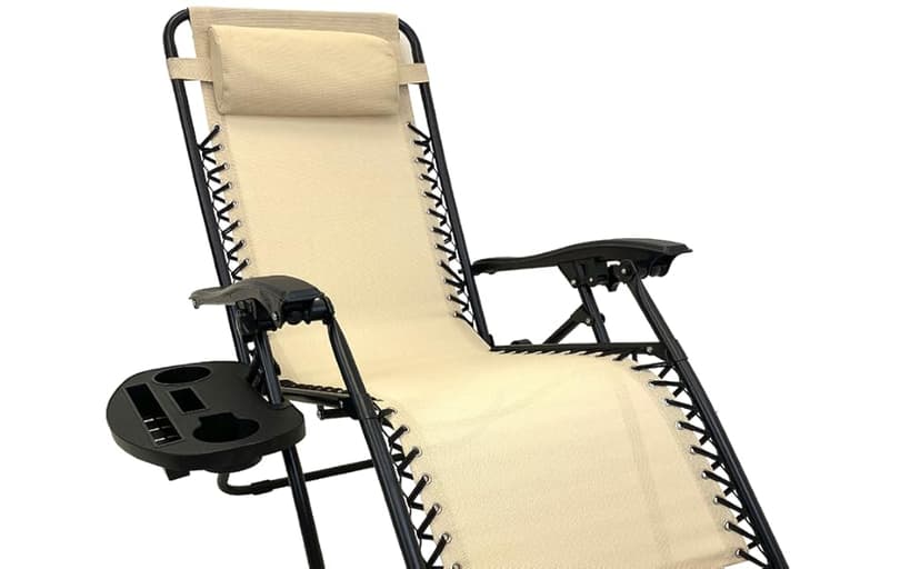 EasyGo Product Zero Gravity Lawn Lounge Pillow and Cup Holder Furniture Outdoor Adjustable Dining Reclining Folding Chairs for Deck Patio Beach Yard, 2 Pack TAN