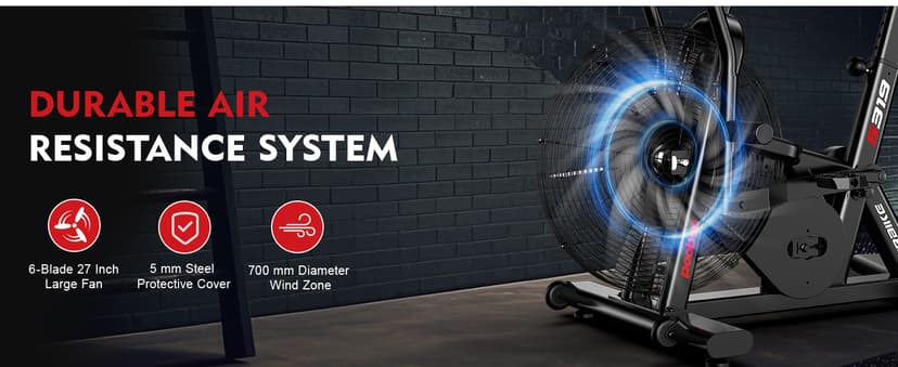 pooboo Exercise Bike, Stationary Bike for Home Gym, Air Resistance Bluetooth Fan Bike w/Dual Acction Handlebars & Dual-Layer Transmission System, Upright AirBike Indoor Cycling Bike for Cardio Workout