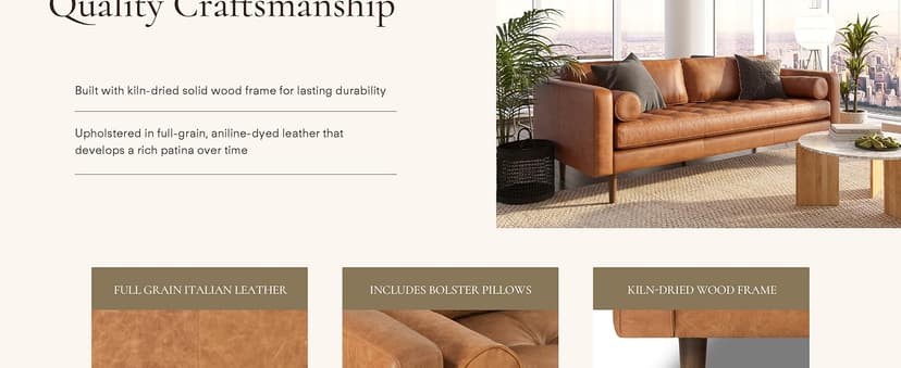 POLY & BARK Napa 88.5" Leather Sofa – Full-Grain Italian-Tanned Aniline Leather, Feather-Down Comfort, Solid Wood Frame, Walnut Legs, Cognac Tan