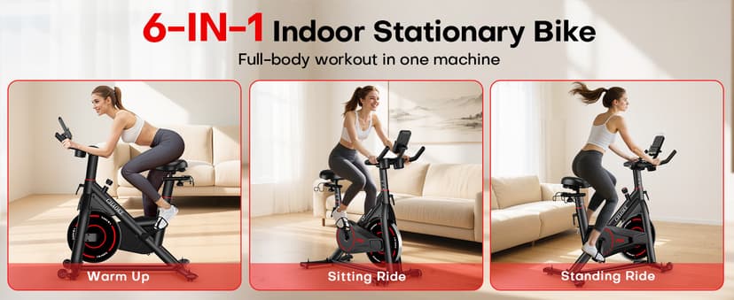 CHAOKE Exercise Bike, Quiet Adjustable Magnetic Stationary Bike for Home Cardio with App Compatible, 350LB Weight Capacity Indoor Cycling Bike with Large Seat, Dumbbell Rack, Pull Cords & LCD Display