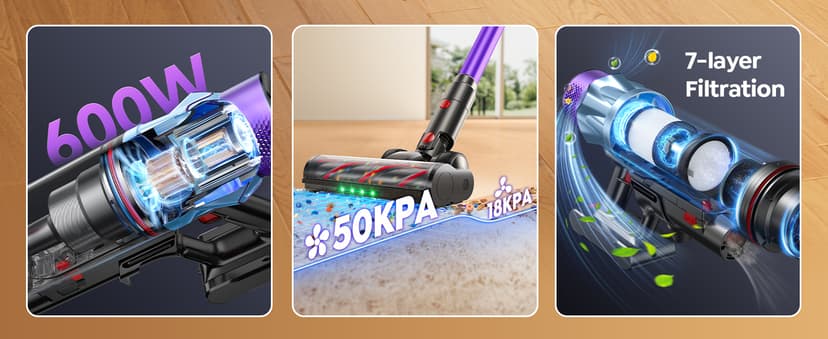 Cordless Vacuum Cleaner 65min/600W/50KPA Self-Standing Vacuum Cleaners for Home with 3.3Ft Hose & Auto Mode, Wall Mount Charging Stick Vacuums with Fragrance Dust-Scraper for Hardwood Floor/Car/Pet