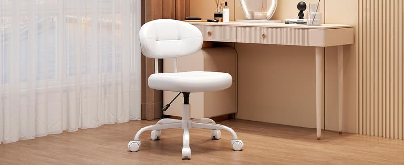 Misolant Vanity Chair with Back, Small Armless Cute office Chair with wheels and Lumbar support, Comfy PU Leather Desk Computer Chairs with Adjustable Height, 360°Swivel for Home Bedroom Office, White
