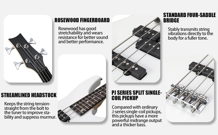 Ktaxon 4 String Electric Bass Guitar, Full Size Standard Right Handed Rosewood Fingerboard Beginner Kit with Cable Wrench Tool (White)