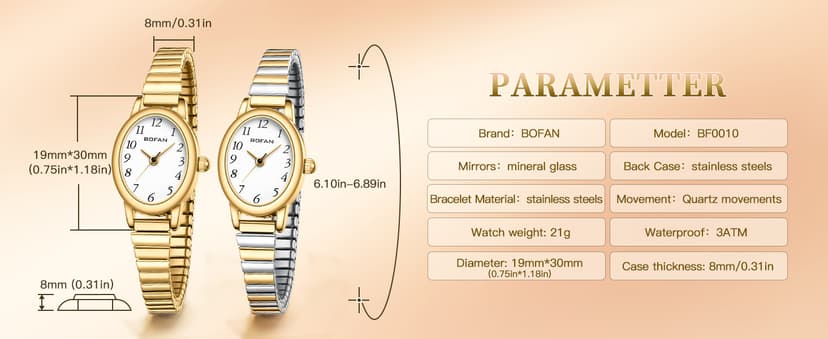 BOFAN Small Gold Watches for Women Easy Read Ladies Quartz Wrist Watch with Stainless Steel Expansion Band,Waterproof.