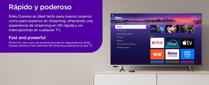 Roku Express Dispositivo de Streaming HD para TV (Spanish Edition) - Con VIX Premium, Control remoto con botones de acceso rápido I Roku Express HD Streaming Device for TV, with VIX Premium Offer