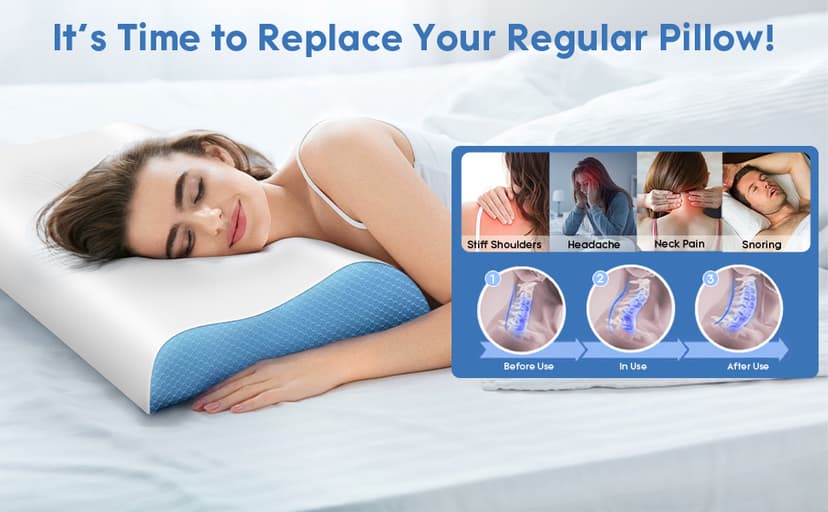 Cervical Pillow for Neck Pain Relief - Contour Pillow Memory Foam Pillows for Sleeping, Double Ear Relief Zones Neck Pillow, 6CM Enhanced Neck Support Cooling Bed Pillow for All Sleep Positions