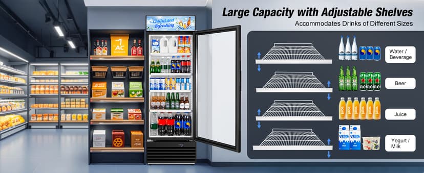 Commercial Beverage Refrigerator, 24 Inch Beverage Fridge, 15 Cu. Ft. Drink Fridge, Display Refrigerator Glass Door, Commercial Display Fridge with Customizable Light Box for Shops, Restaurants, Bars