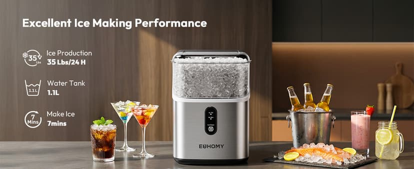 EUHOMY Nugget Ice Maker Countertop, Ready in 7 Mins, 35Lbs/24H Pebble Ice Maker Machine, Self-Cleaning Countertop Sonic Ice Makers with Ice Scoop&Basket, Pellet Ice Maker for Home, Stainless Steel