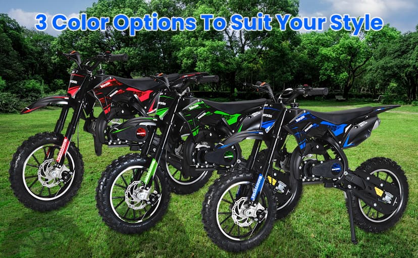 50CC Dirt Bike, 2-Stroke Kids Dirt Bike with 10-Inch Off-Rode Tire, Mini Bike with Front and Rear Disc Brake, Up to 25 Mph, Mini Bikes for Kids 8-14 Weight Support Up to 330 LBS Blue