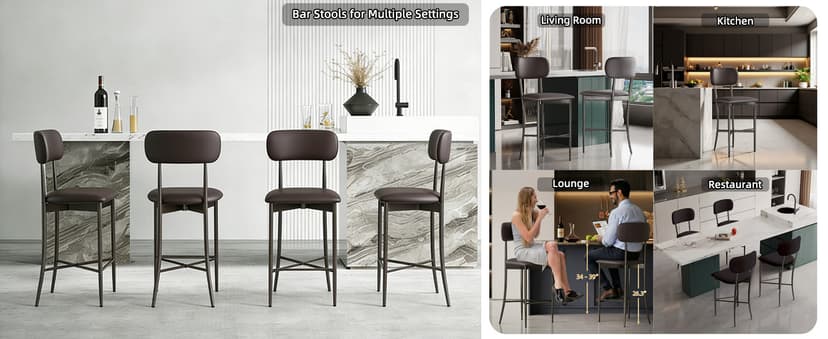 26.3 Inch Counter Height Bar Stools, Modern Counte Stools with Backrest,Counter Height Chairs with Leather Seat, Sturdy Frame and Footrests for Kitchen Island, Dining Room, Counter,Dark Gray