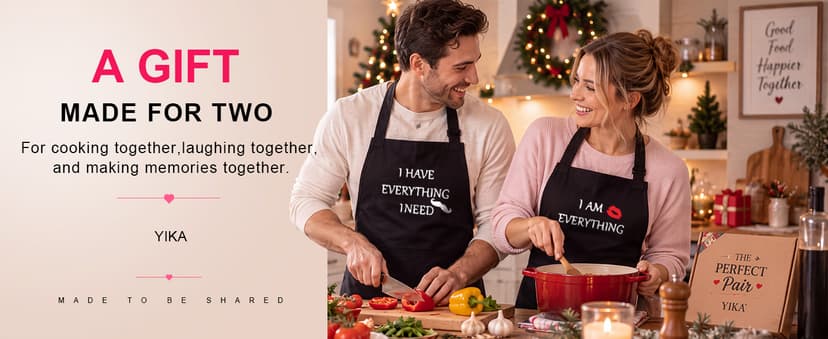 YIKA® Apron Couples, Christmas Gifts for Couples: Waterproof Aprons for Women Men, with Adjustable Neck Strap with Extra Long Ties, 2 Pockets (Black)