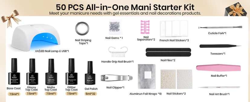 Beetles Gel Nail Polish Kit with U V Light -54 Pcs Gel Nail Kit Four Seasons Glow 32 Colors Set with Base Matte & Glossy Top Coat Soak Off Home Salon DIY Manicure Christmas Gifts for Women Teen Girls