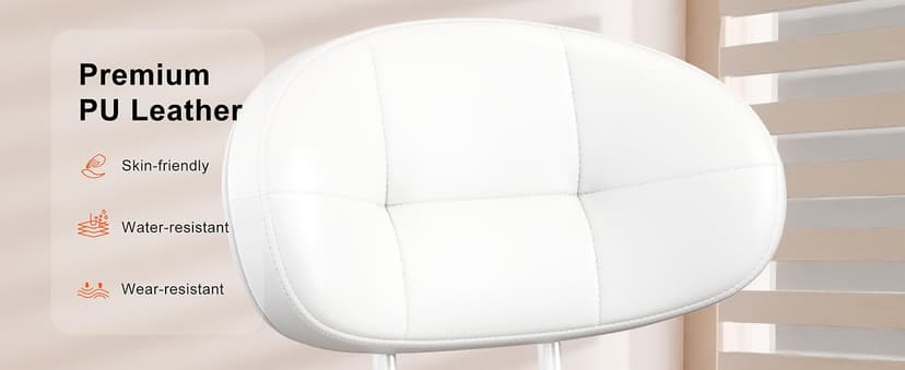 Misolant Vanity Chair with Back, Small Armless Cute office Chair with wheels and Lumbar support, Comfy PU Leather Desk Computer Chairs with Adjustable Height, 360°Swivel for Home Bedroom Office, White